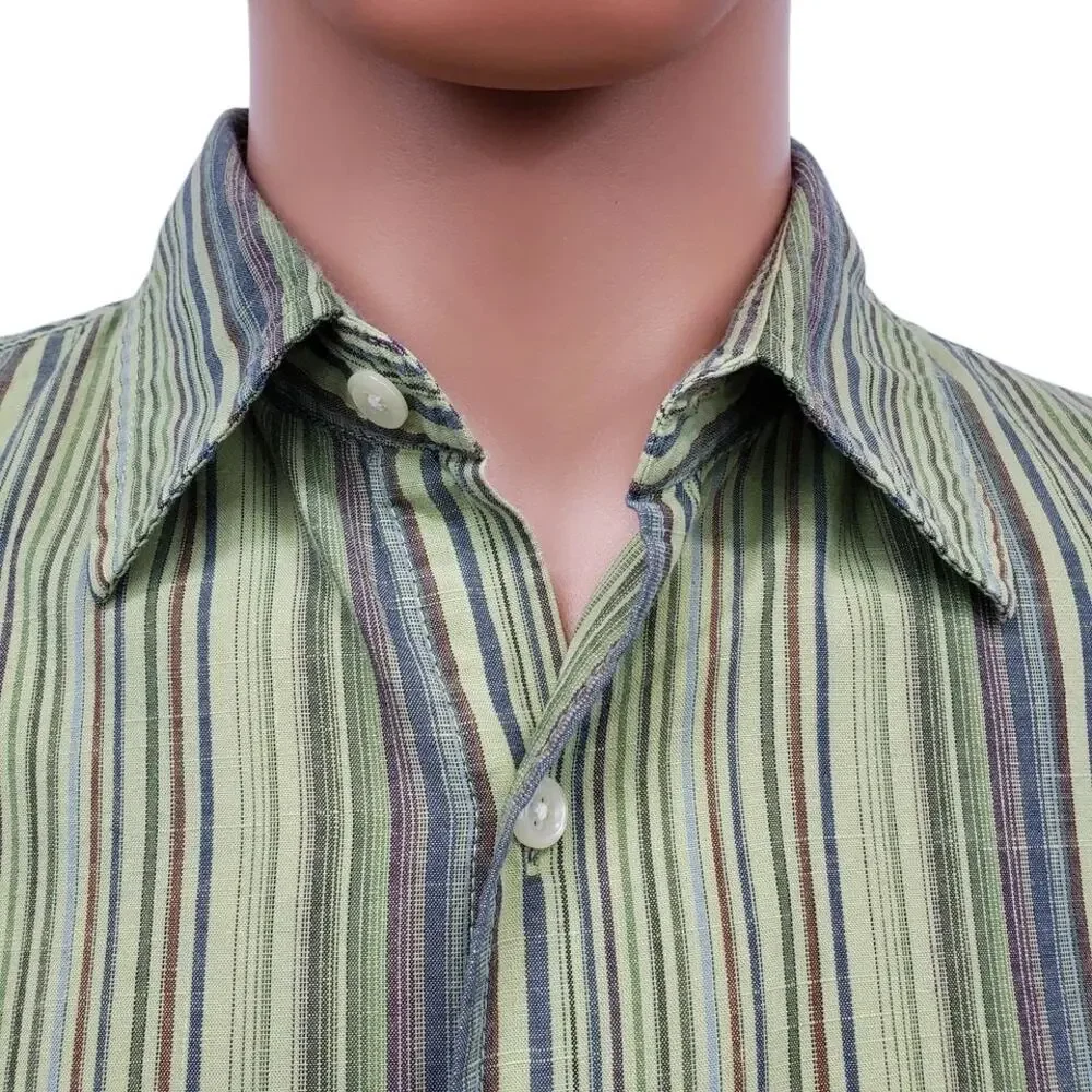Vintage J. Crew Shirt Men M Green Multicolor Striped Button up Long Sleeve